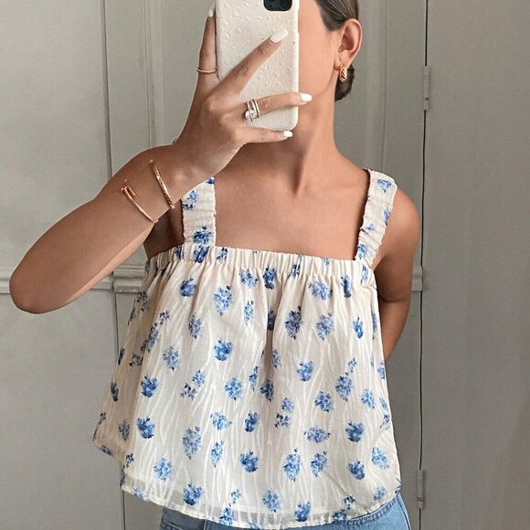 Blue And White Casual Women's Woven Jacquard Ruffle Hem Camisole - Picture 4 of 6